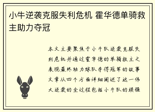 小牛逆袭克服失利危机 霍华德单骑救主助力夺冠