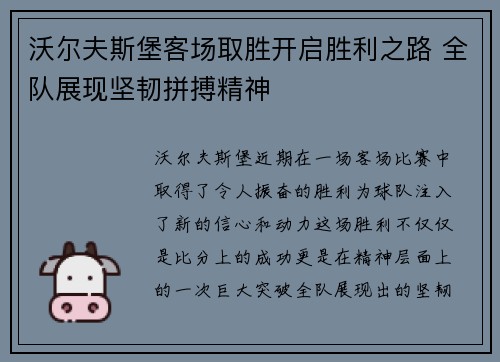 沃尔夫斯堡客场取胜开启胜利之路 全队展现坚韧拼搏精神